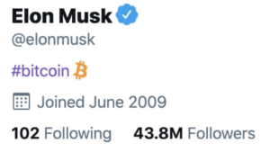 Bio twitter de Elon Musk avec le signe Bitcoin
